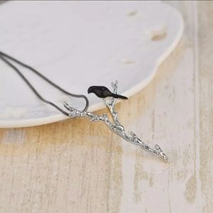 Black Bird & Y Branch Pendent Necklace Silver-NWOT